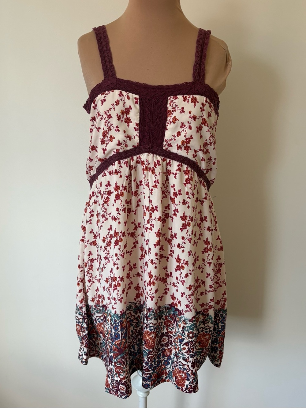 House of Harlow 1960 Beige Maroon Floral Crochet Strap Tank Boho Mini Dress Sz S
